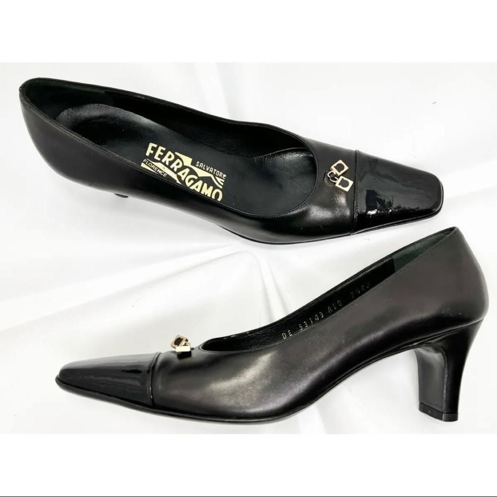 Salvatore Ferragamo Sz 7.5 AAAA Black Leather Patent Cap Toe Heel Pumps
